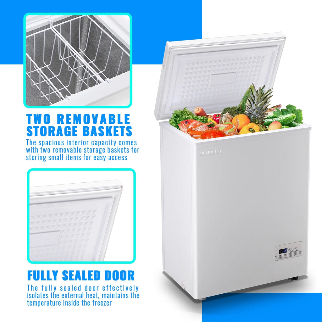 DEMULLER Deep Chest Freezer with 2 Removable Baskets Compact Mini Deep Freezers Stay-Open Lid White