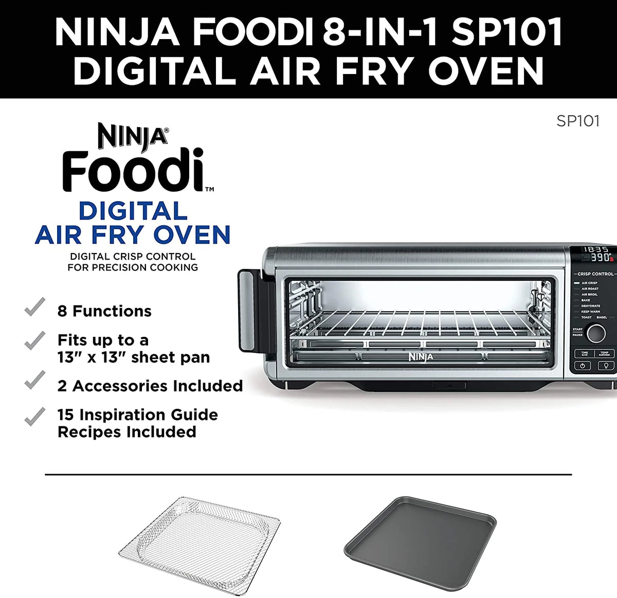 Restored Ninja SP101 Foodi 8-in-1 Digital Air Fry, Large Toaster Oven, Flip-Away for Storage, Dehydrate, Keep Warm, 1800 Watts, XL Capacity, (Stainless Steel) (Refurbished)