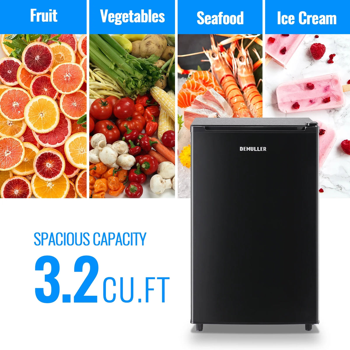 DEMULLER Upright Freezer with 7 Adjustable Thermostat Stand-up Single Door Freezers Black