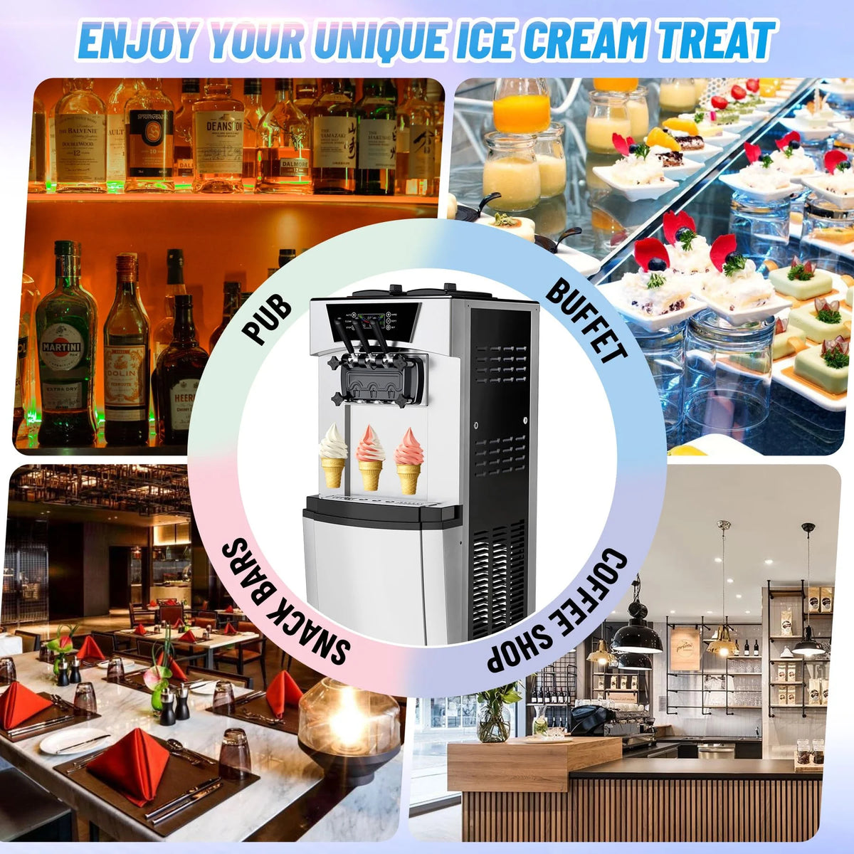 Tookss Commercial 3 Flavors Ice Cream Machine, 5.8 to 8Gal per Hour Soft Serve Ice Cream Maker,with Auto Clean, LCD Display for home Snack Bar Restaurants