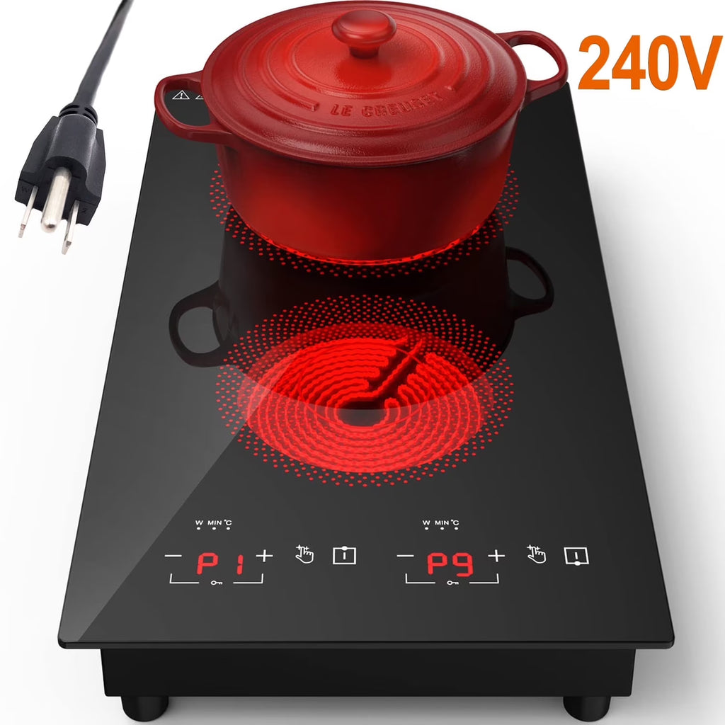 iMeshbean 12inch Electric Ceramic Cooktop 220V 3000W Electric Induction Cooktop 2 Burners Stove Top Built-In/Integrated Touch Control