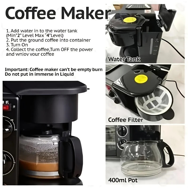 Nostalgia 3-in-1 Breakfast Station - Includes Coffee Maker, Toaster Oven, Oven, Non-Stick Fry Pan And 4-Slice Toaster - Multi-Function Breakfast Maker with Timer