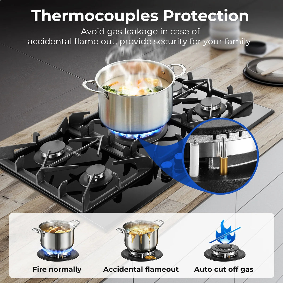 Amzgachfktch Gas Cooktop 30 Inch 5 Burners Stove Top Built-in NG/LPG Convertible with Thermocouple Protection