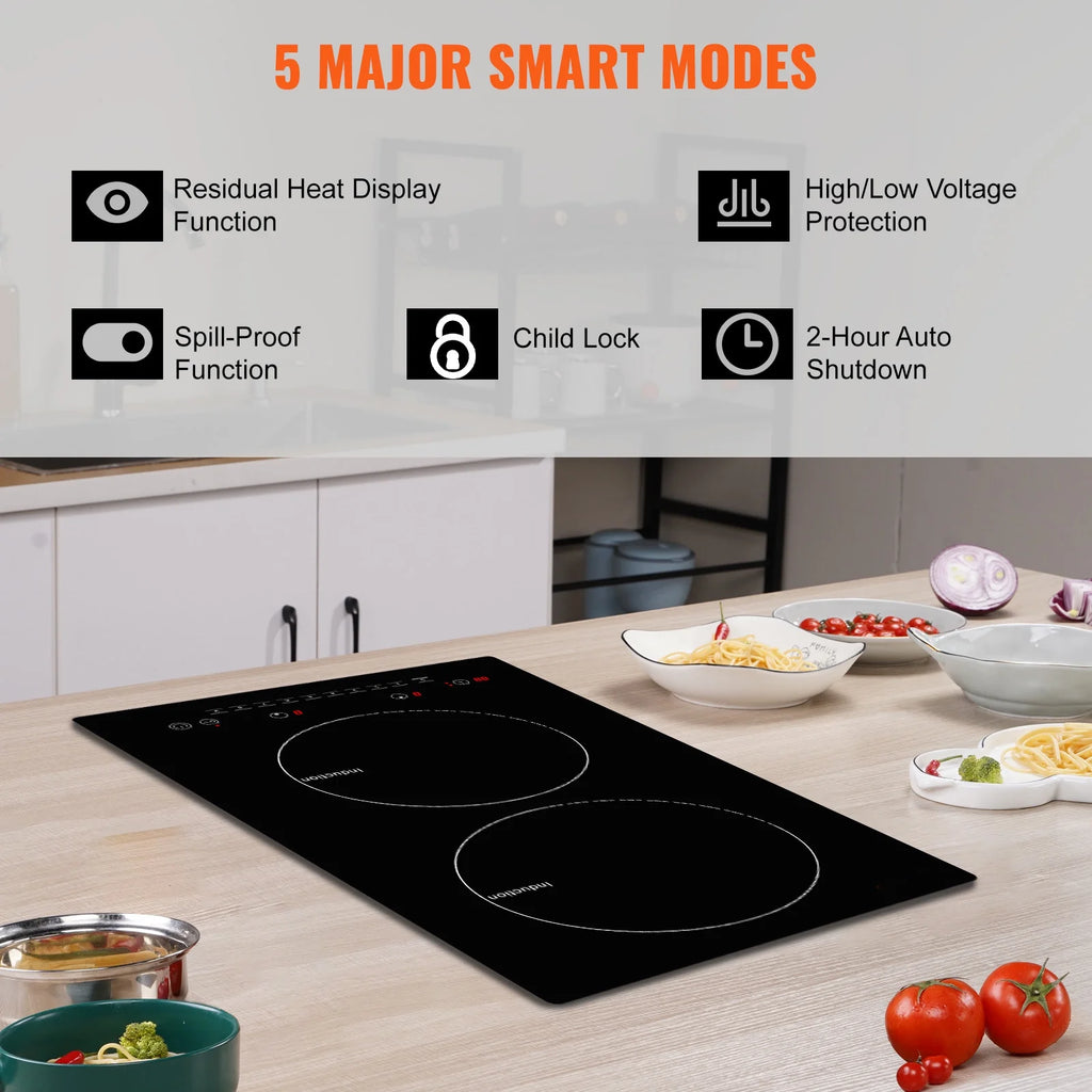 KFFKFF 12" Electric Cooktop, 1800W 2 Burners Ceramic Glass Stove Top Touch Control Built-in Magnetic Cooktop w/ 9 Heating Level Child Lock & Over-Temperature Protection