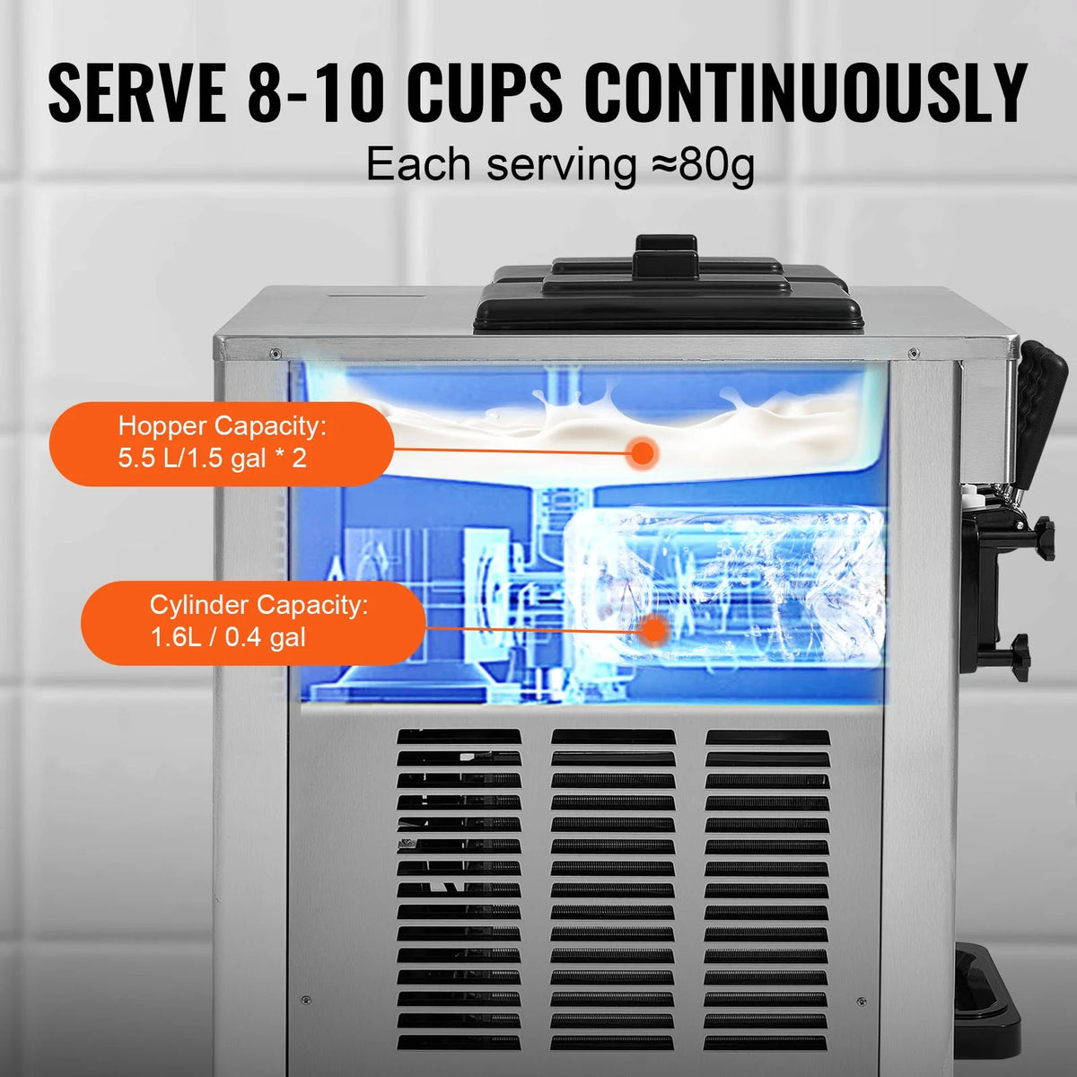 KFFKFF Commercial Soft Ice Cream Machine 18-28 L/H 5.5L*2 Cylinder 3-Flavor Serve Ice Cream Maker