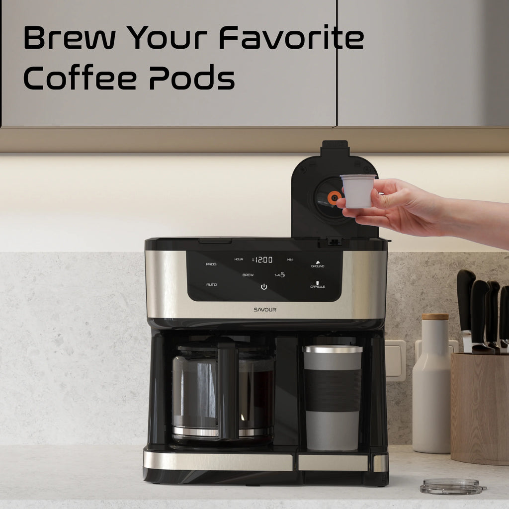 Savour Dual Coffee Maker, 12-Cup and K-Cup Single Serve Coffee Machine, Black