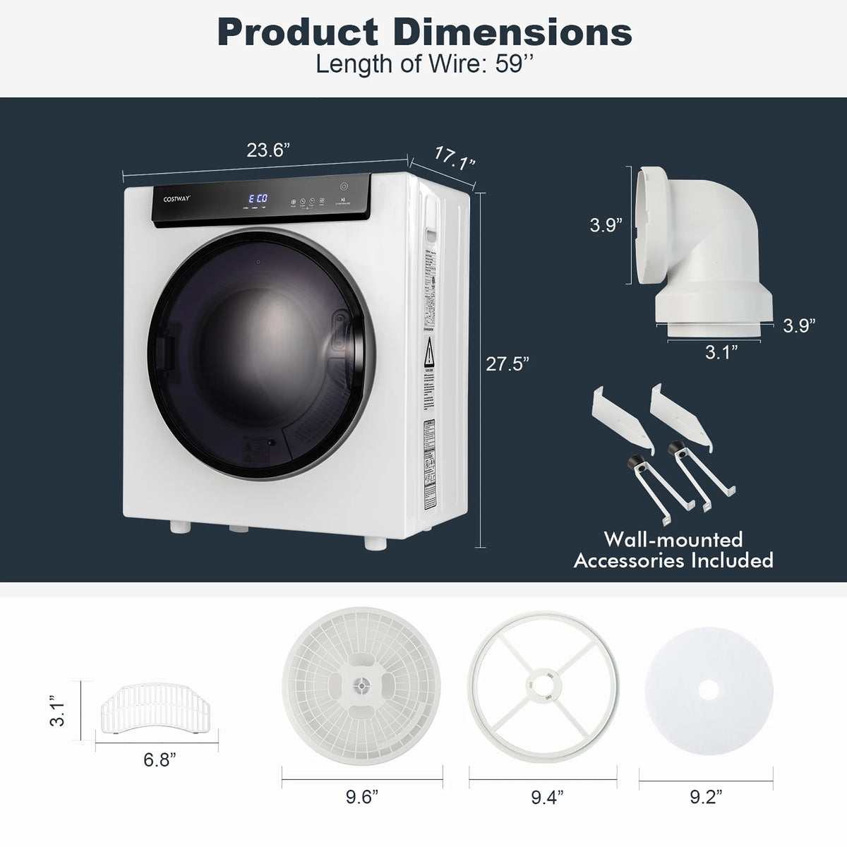 Costway 1400W Electric Tumble Compact Laundry Dryer Stainless Steel Tub 8.8lbs /2.6cu.ft