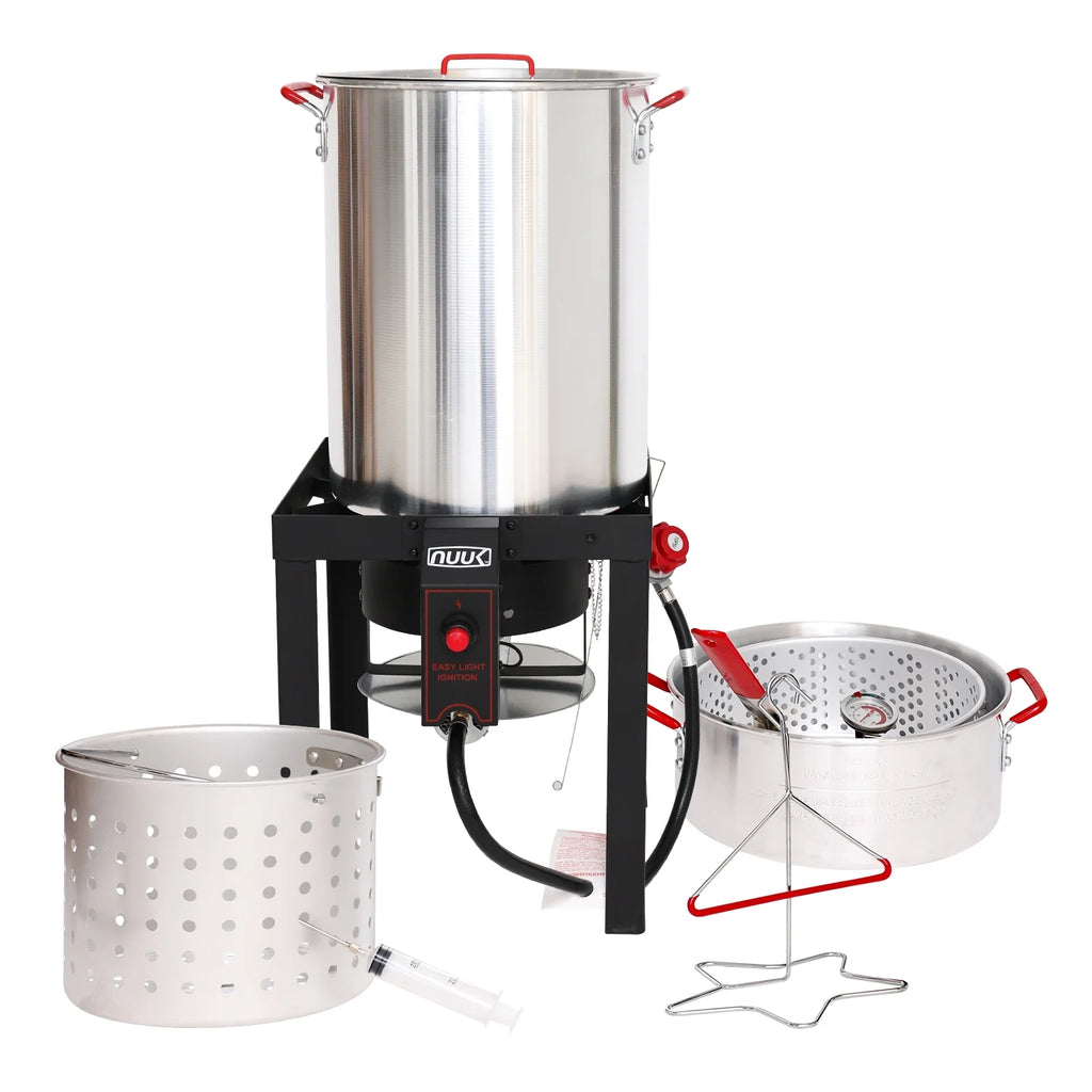 NUUK 30QT Turkey Fryer & 10QT fish fryers outdoor cooking Kit,50,000 BTU Propane Burner��Seafood Boil Pot,Cover & Skimmer Included, Aluminum Deep Fryer Pot with Basket Crab, Gifts for Thanksgiving Day