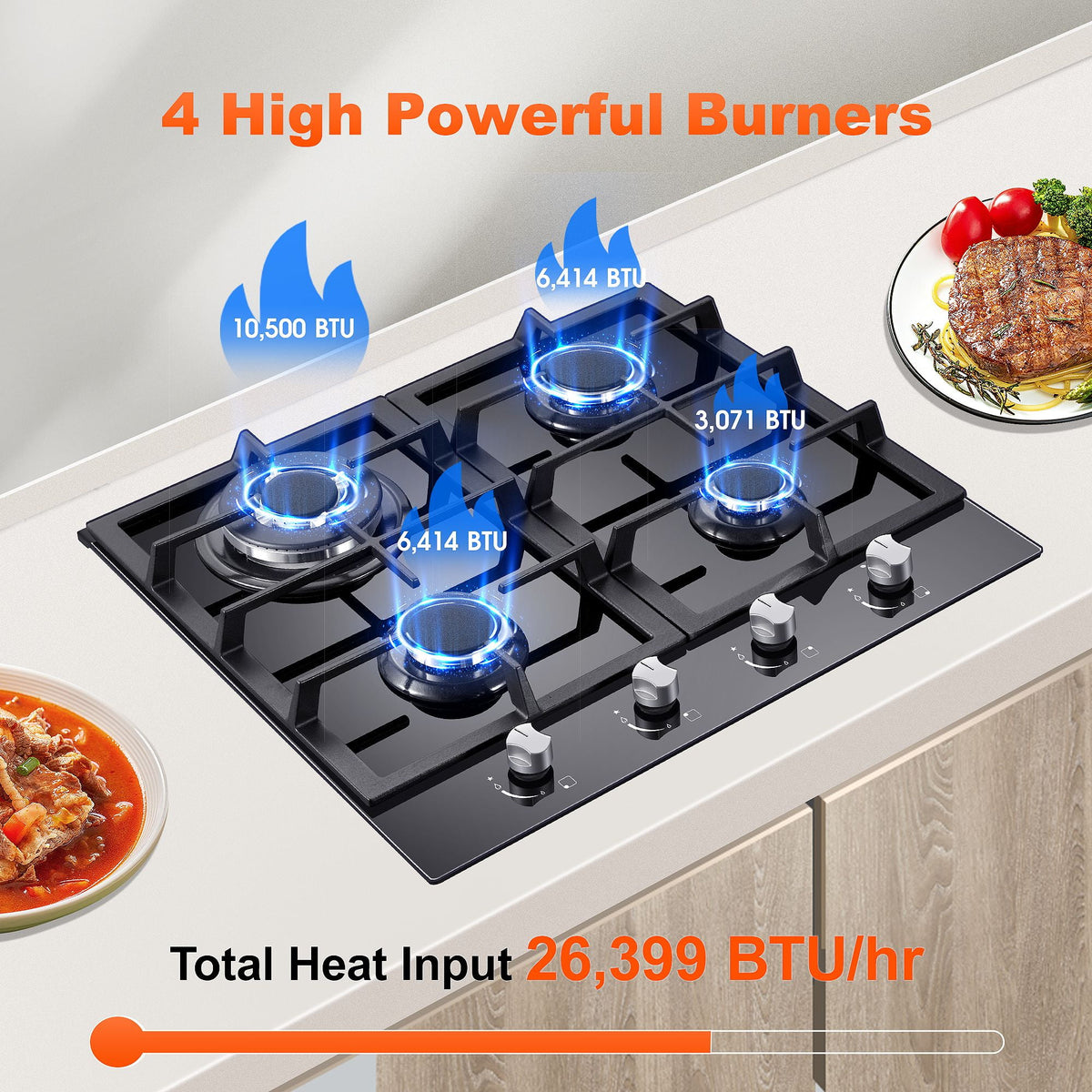 Amzgachfktch 4 Burners 24 inch Gas Cooktop Stainless Tempered Glass Natural Gas/LPG Convertible
