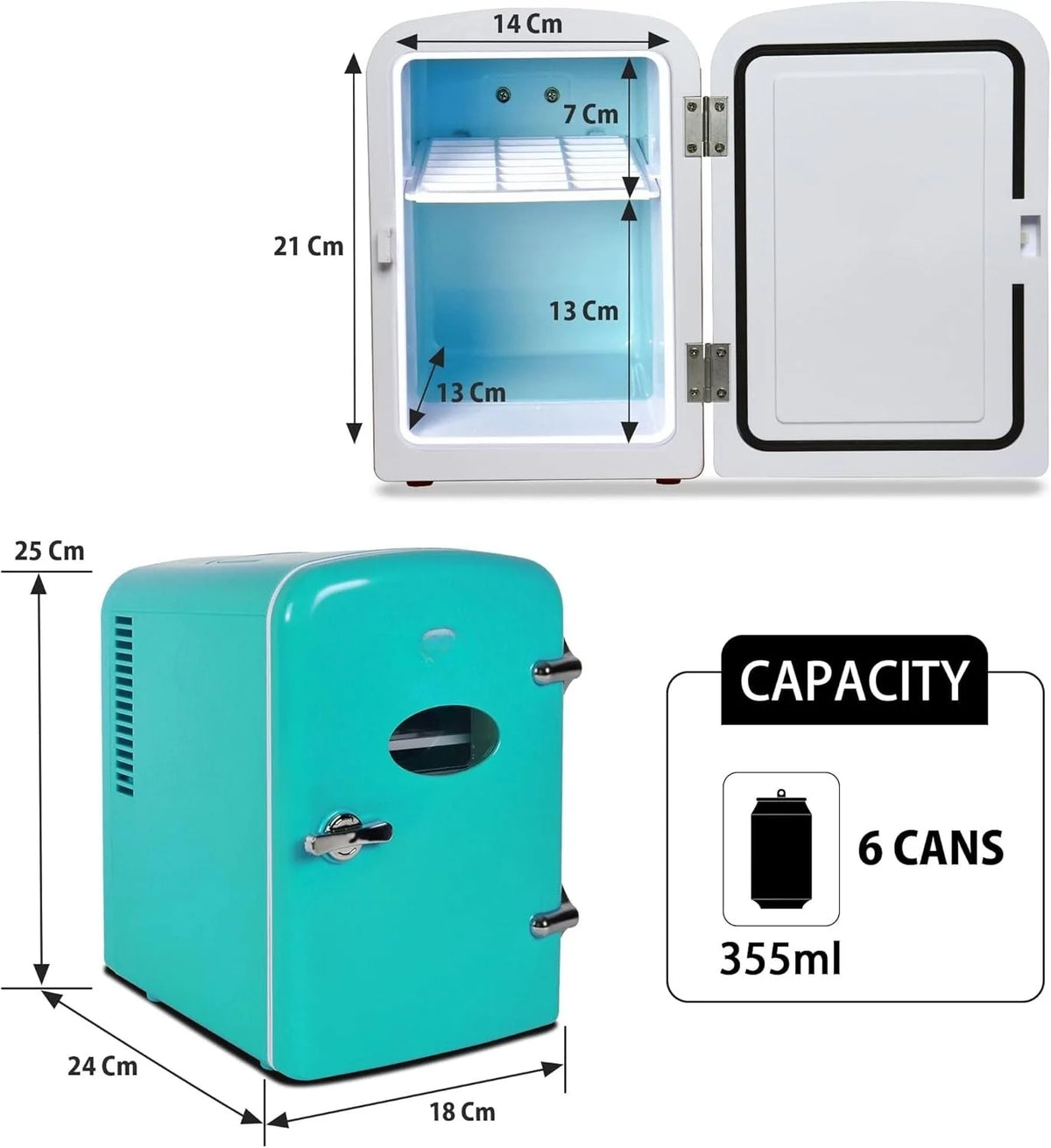 Mini Fridge - Refrigerator for Bedroom Office, Portable Table Top Beverage Cooler, 12V 110V Refrigerador For Drinks, Soda, Wine, Use In Car, Dorm, Outdoor, Patio, 6 Can