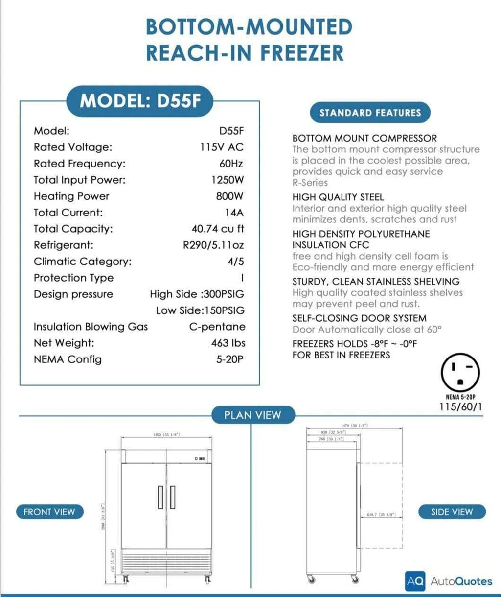 D55F 2-Door Commercial Freezer in Stainless Steel