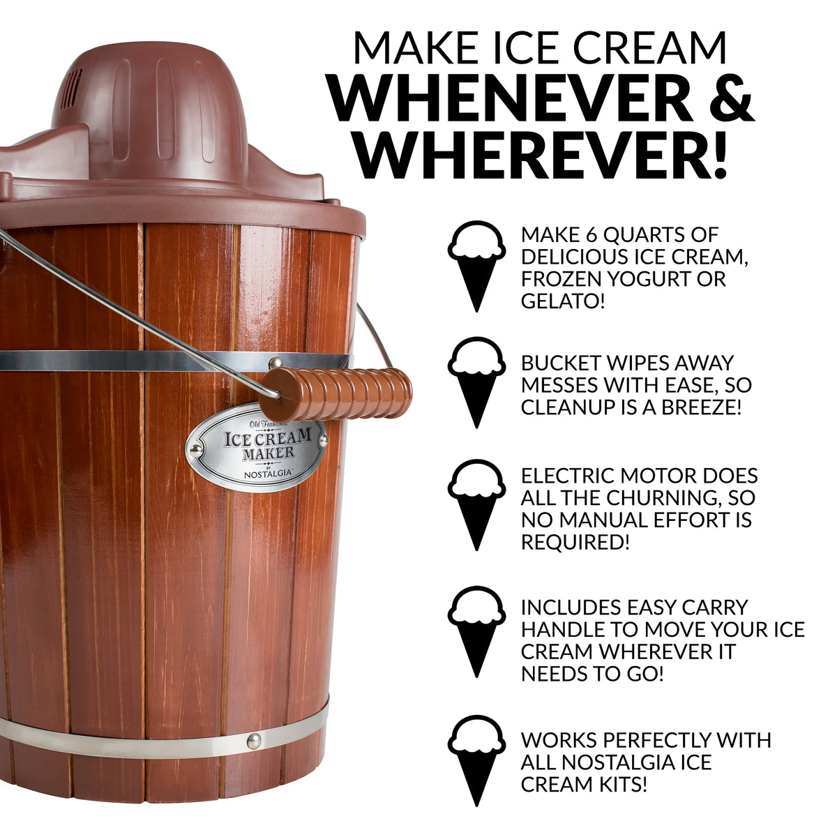 Nostalgia 6-Quart Wood Bucket Ice Cream Maker