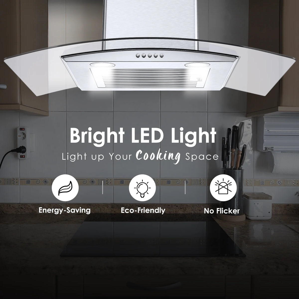 30 inch 450CFM Wall Mount Range Hood Tempered Glass 3-Speed Fan Button Control Baffle Filters