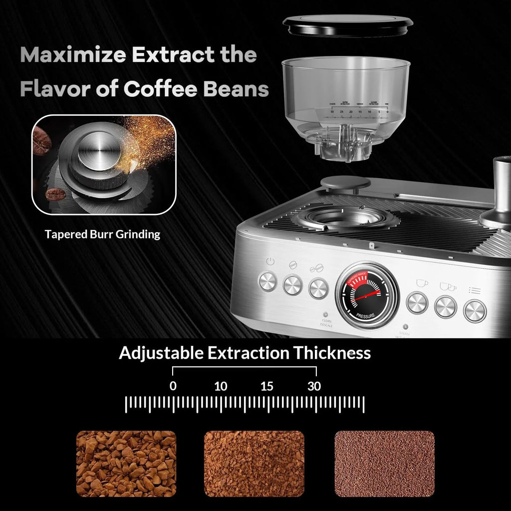 Espresso Machine with Built-in Grinder,Italian ULKA 15 Bar Espresso Machine - 85oz Water Tank, Dual PID Control, Milk Frother & Auto-Cleaning for Perfect Lattes and Cappuccinos