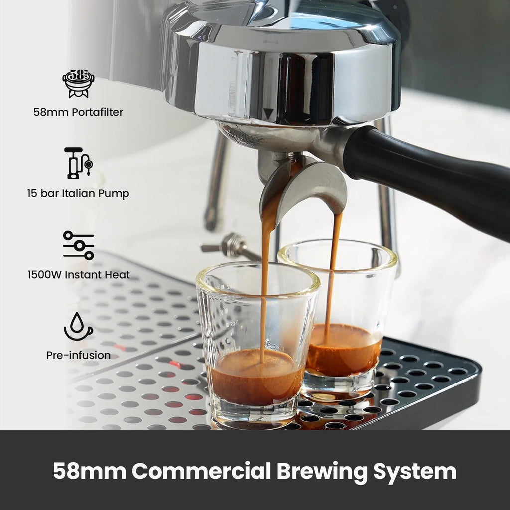 Gemilai G3006 Owl 15-Bar Semi-Auto Espresso Machine, Dual Display, Milk Frother, 57oz Tank, Stainless Steel Coffee Maker