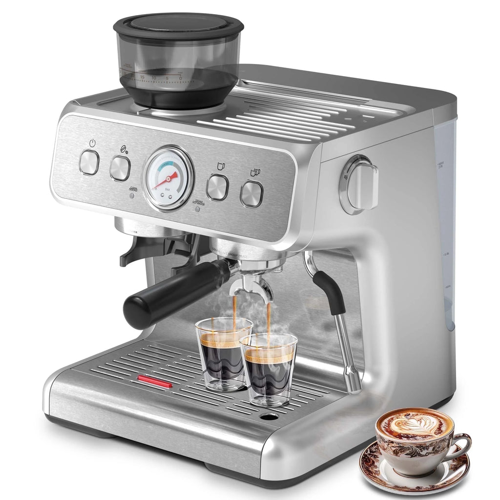 Auseo  20 Bar Automatic Espresso Coffee Maker with Grinder and Milk Frother Steam Wand, Drip Hot Coffee, 1&2 Cups, Espresso/Cappuccino/Latte/Mocha for Home, Stainless Steel