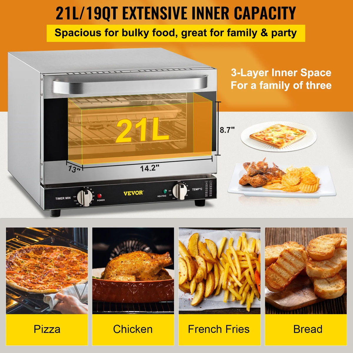 VEVOR Commercial Convection Oven,21L/19Qt,Quarter-Size Conventional Oven Countertop,1440W 3-Tier Toaster with Front Glass Door,Electric Baking Oven with Trays Wire Racks Clip Gloves