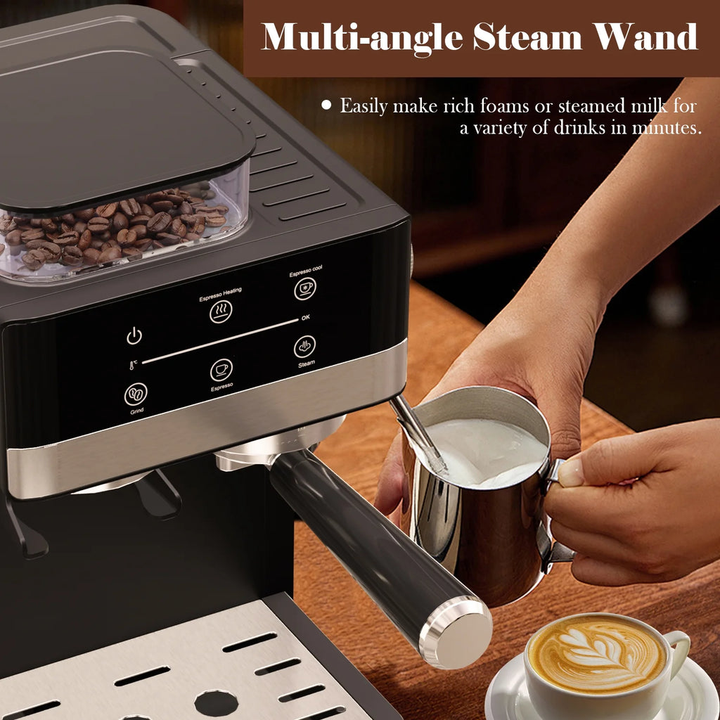 Bluebow Espresso Machine with Grinder, 20Bar Semi-Automatic Coffee Maker with Milk Frother, Professional Cappuccino Latte Machine for Home, Office