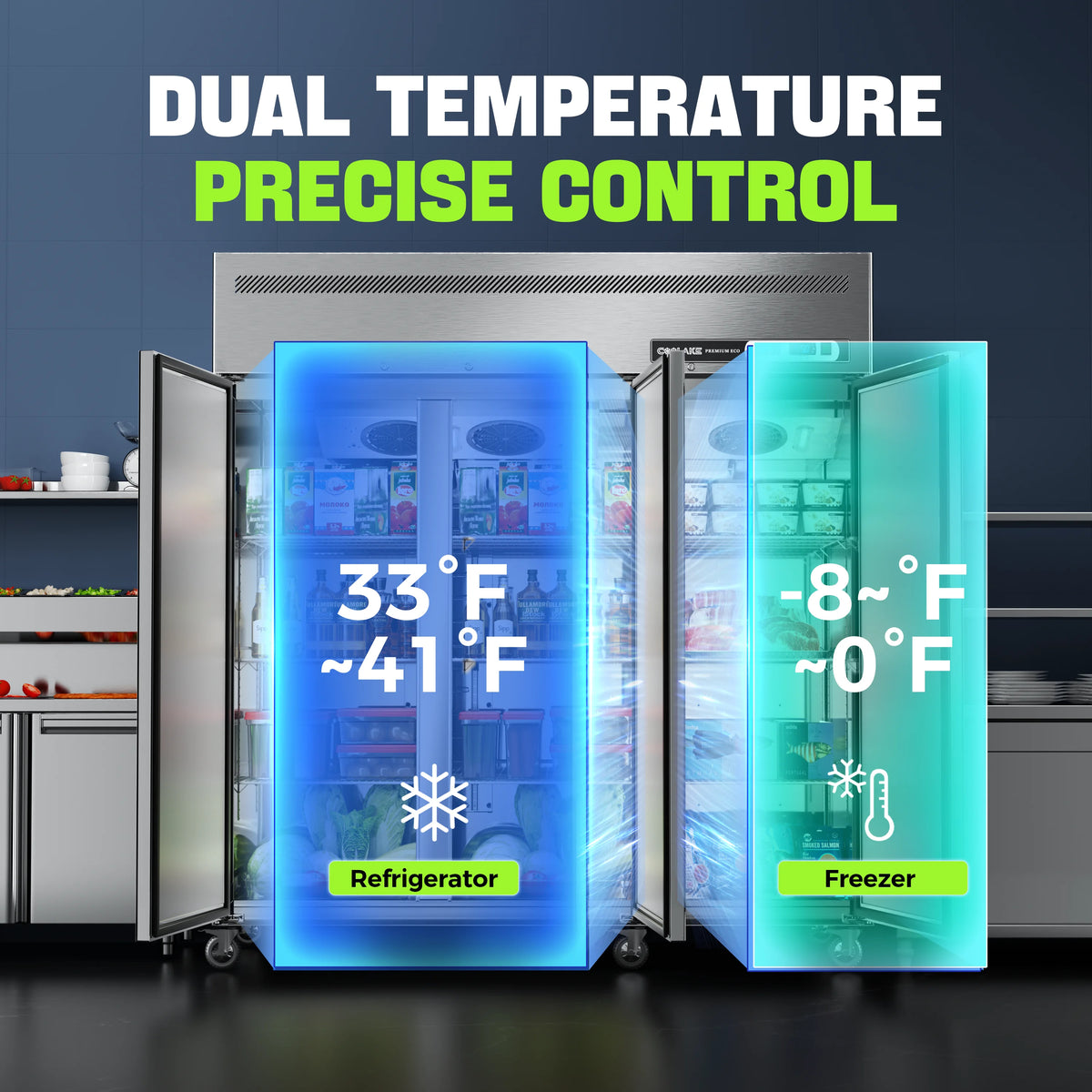 Coolake Commercial Refrigerator And Freezer Combo, 72" W Dual Temperature Zones, 54 Cu.ft 3 Door