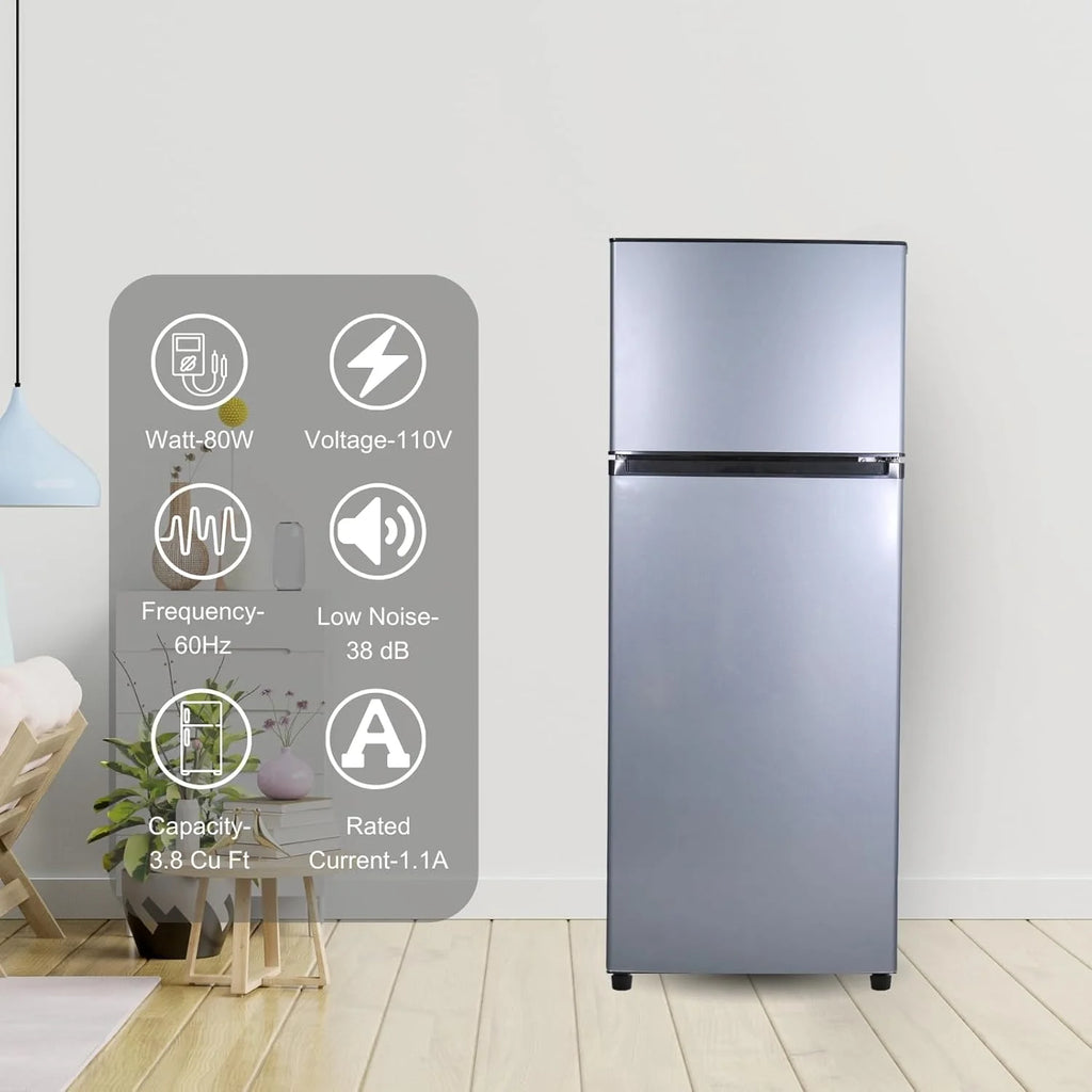 GGTB 3.5 Cu.Ft Fridge with Freezer, Double Door Refrigerator with 6 Level Thermostat, LED Light, Adjustable Glass Shelves for Bedroom, Office, Dorm, Apartment, Silver
