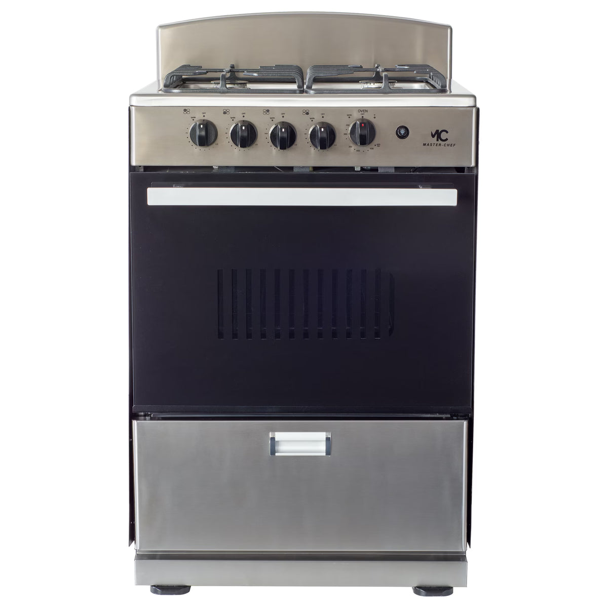Master-Chef - 24" Stainless Steel B Gas Space Saver Range with 3.0 CFT Oven Capacity - Italian SABAF Sealed Burners, 1 Ultra-Fast and 3 Fast �?Easy to Clean, Iron Grates, and Cool Knobs CSA Certified