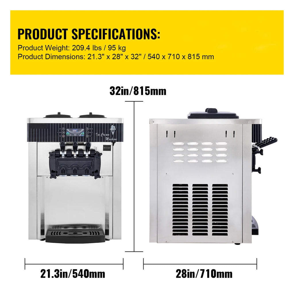 KFFKFF Commercial Ice Cream Maker 5.3 to 7.4 gph Soft Ice Cream with LED Display Self-Cleaning 3 Flavors Great for Restaurant Snack Bars, 2200-Watt, Silver