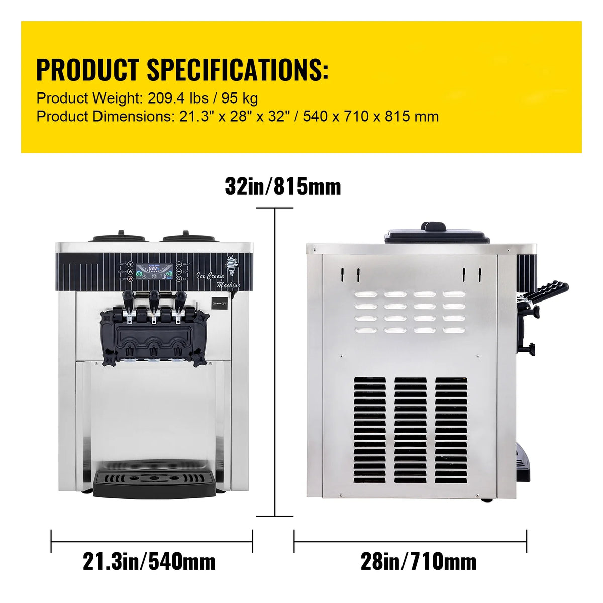 KFFKFF Commercial Ice Cream Maker 5.3 to 7.4 gph Soft Ice Cream with LED Display Self-Cleaning 3 Flavors Great for Restaurant Snack Bars, 2200-Watt, Silver