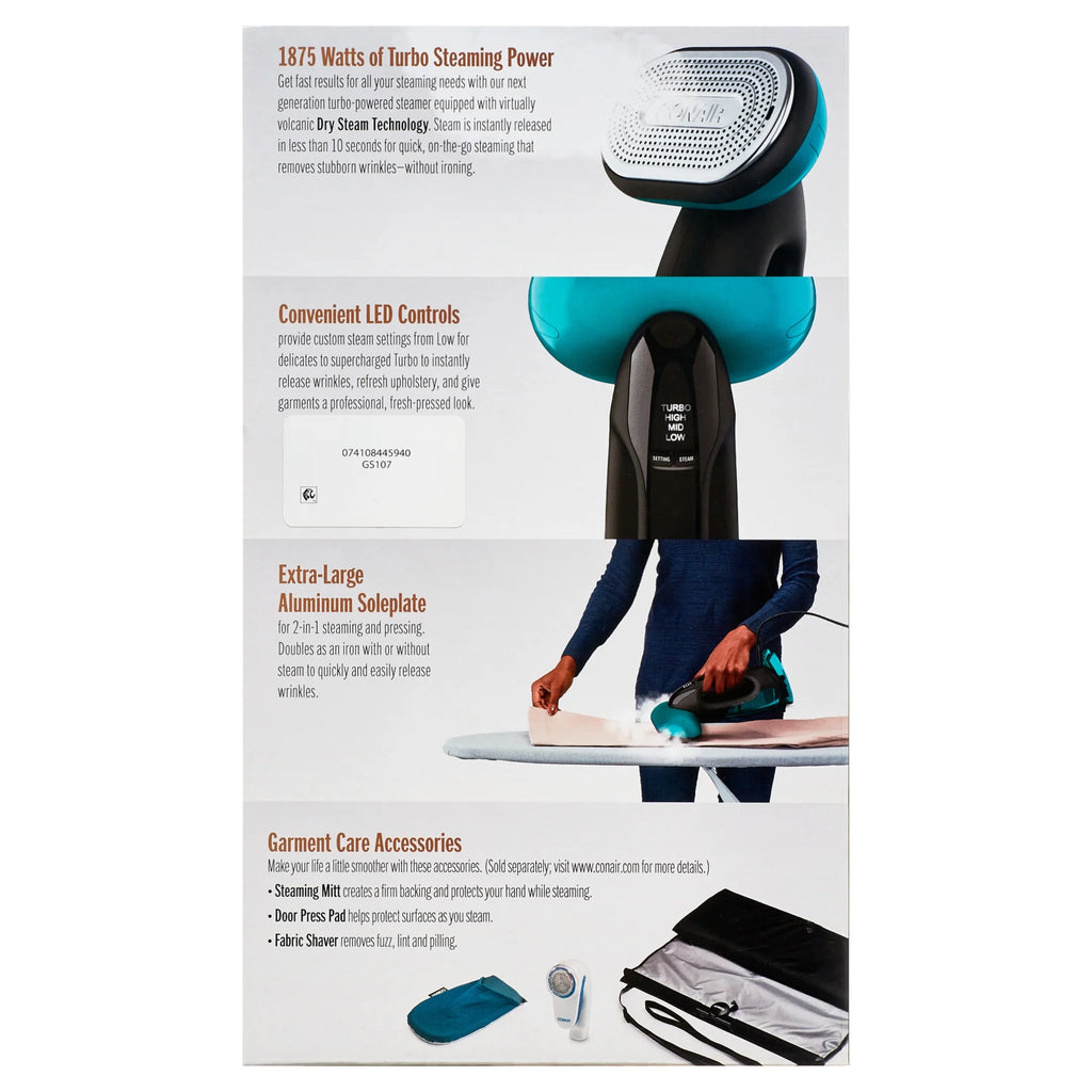 Conair Turbo ExtremeSteam 1875 Watt Handheld Fabric, 2-in-1 Steam and Iron Garment Steamer, One Size, Black/Green GS107