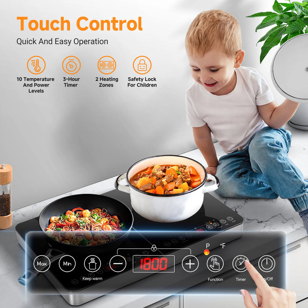 Electric Double Induction Cooktop, 1800W Portable Induction Cooktop with 2 Burners