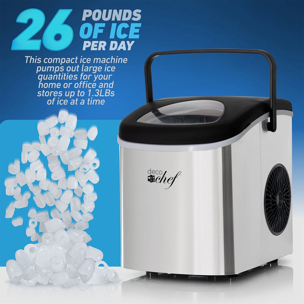 Deco Compact Countertop Ice Maker, 26LBs in 24HRs, 9 Bullet Ice Cubes Ready in 6 Minutes, Stainless Steel