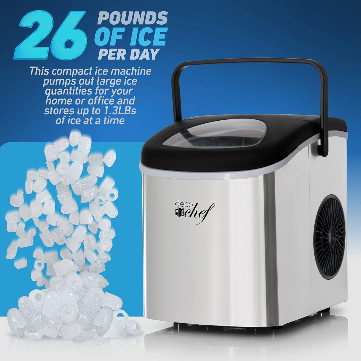 Deco Compact Countertop Ice Maker, 26LBs in 24HRs, 9 Bullet Ice Cubes Ready in 6 Minutes, Stainless Steel
