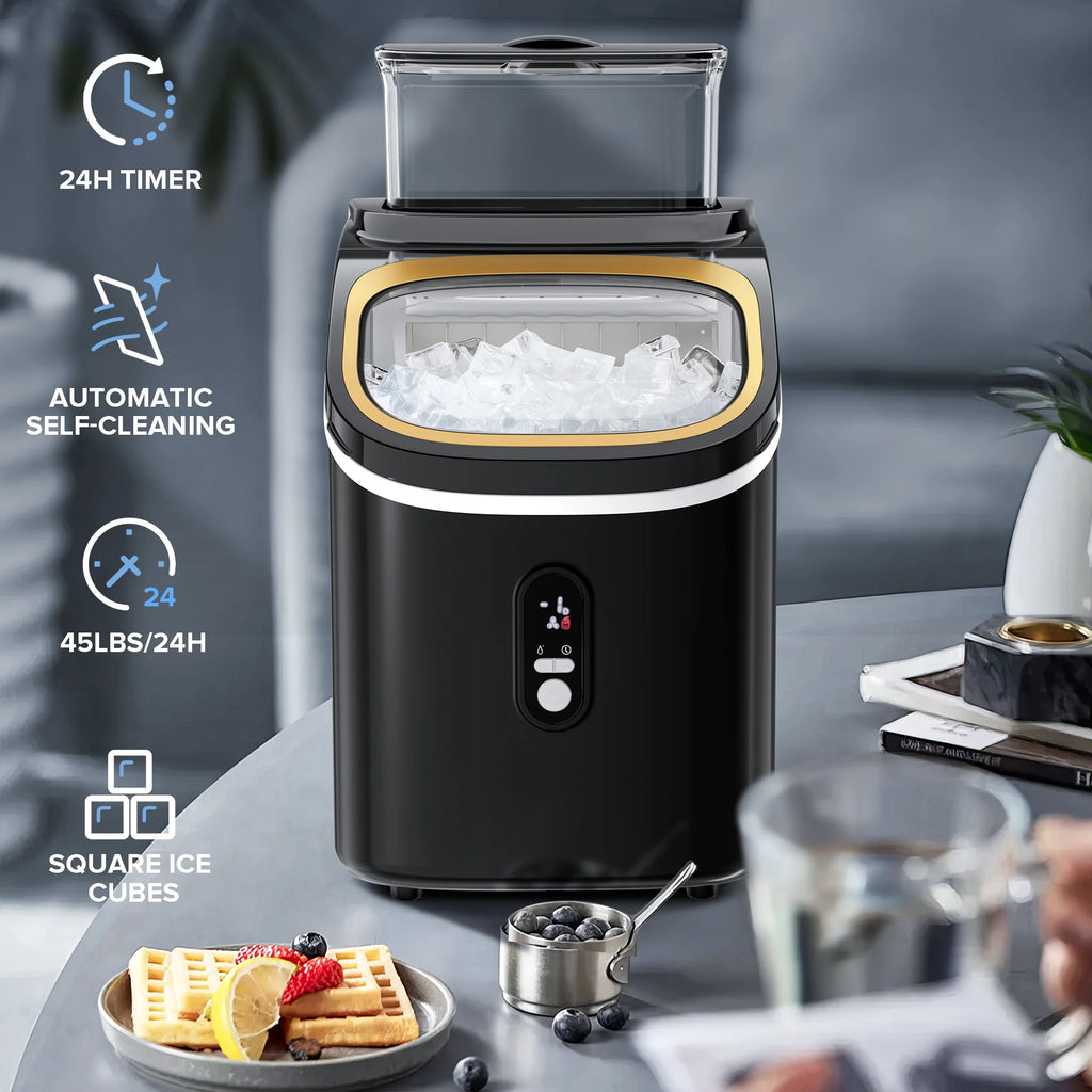 Auseo 45lbs/24H Ice Maker Countertop, 1.5+0.5L Large Water Tank, Cube Ice, Self-Cleaning,  24H Timer, Customizable Ice Making Time, Black