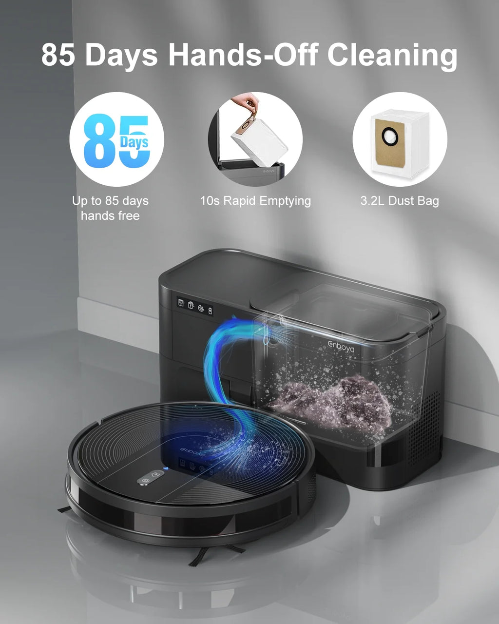 Enboya D60+ Robot Vacuum Cleaner - Self-Emptying Base, 9000Pa Suction, Wi-Fi/App/Voice Control, Smart Vacuum