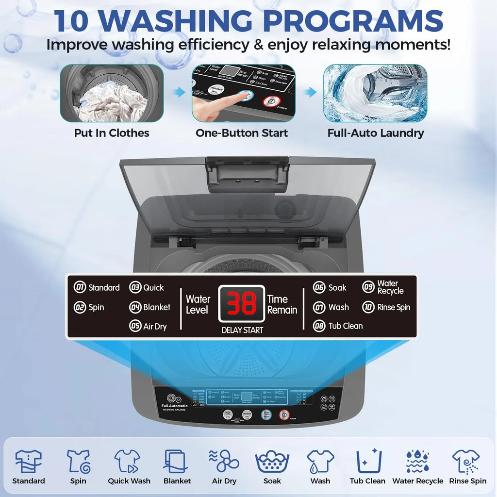 Veeboto Portable Washing Machine, 15.6lbs Washer and Dryer Combo Machine with 10 Wash Programs/8 Water Levels, Laundry with LED Display & 1 Adjustable feet for Home, Apart, Bathroom