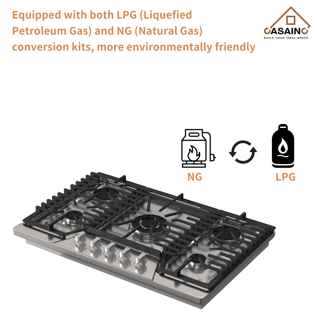 CASAINC 30" Recessed Natural Gas Cooktop with 5 Burners and Liquid Propane Conversion Kit, Stainless Steel