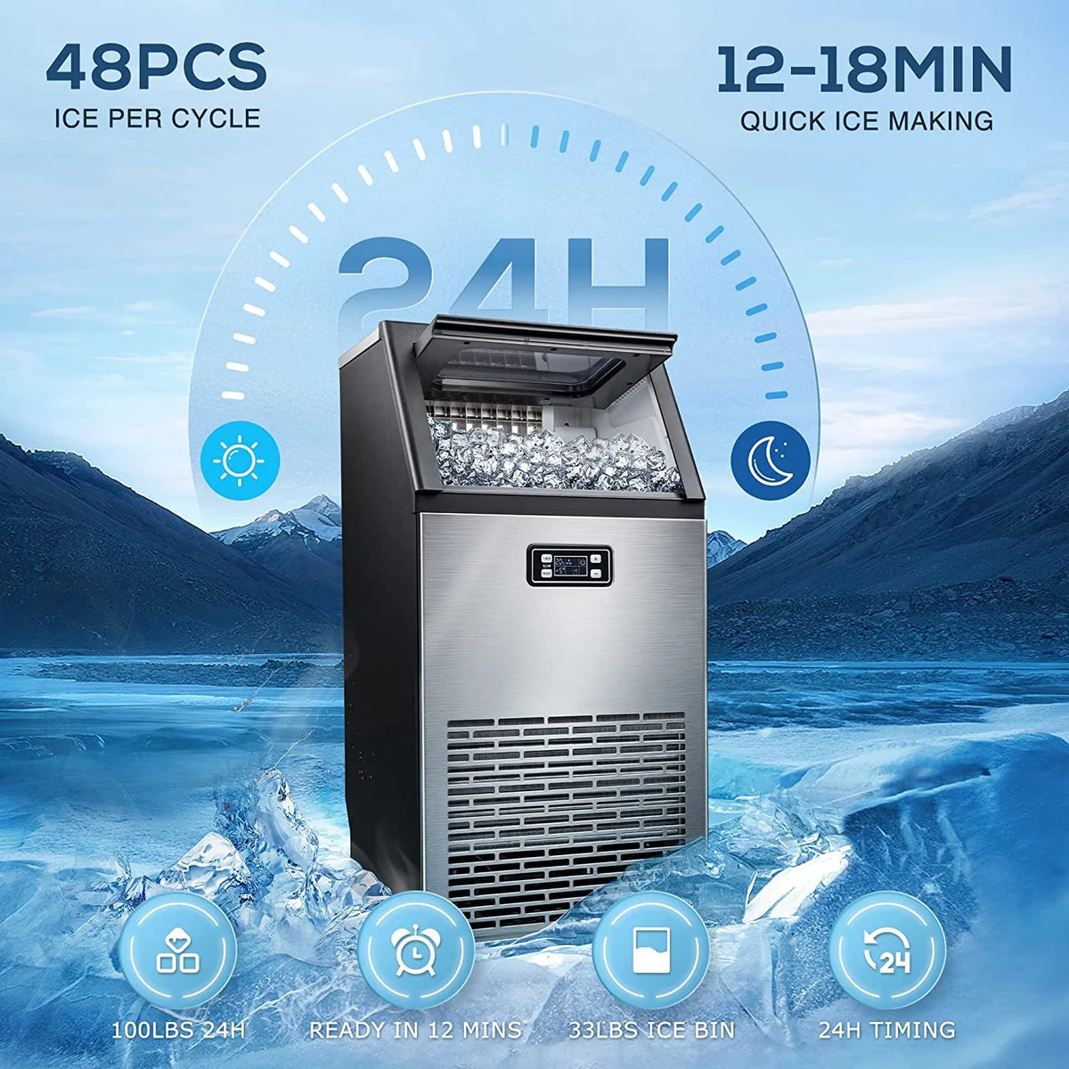 100Lbs/24H Commercial Ice Maker, 45 Cubes in 11 Mins, Stainless Steel, Auto Clean, Under Counter for Home/Bar Use�?Auseo