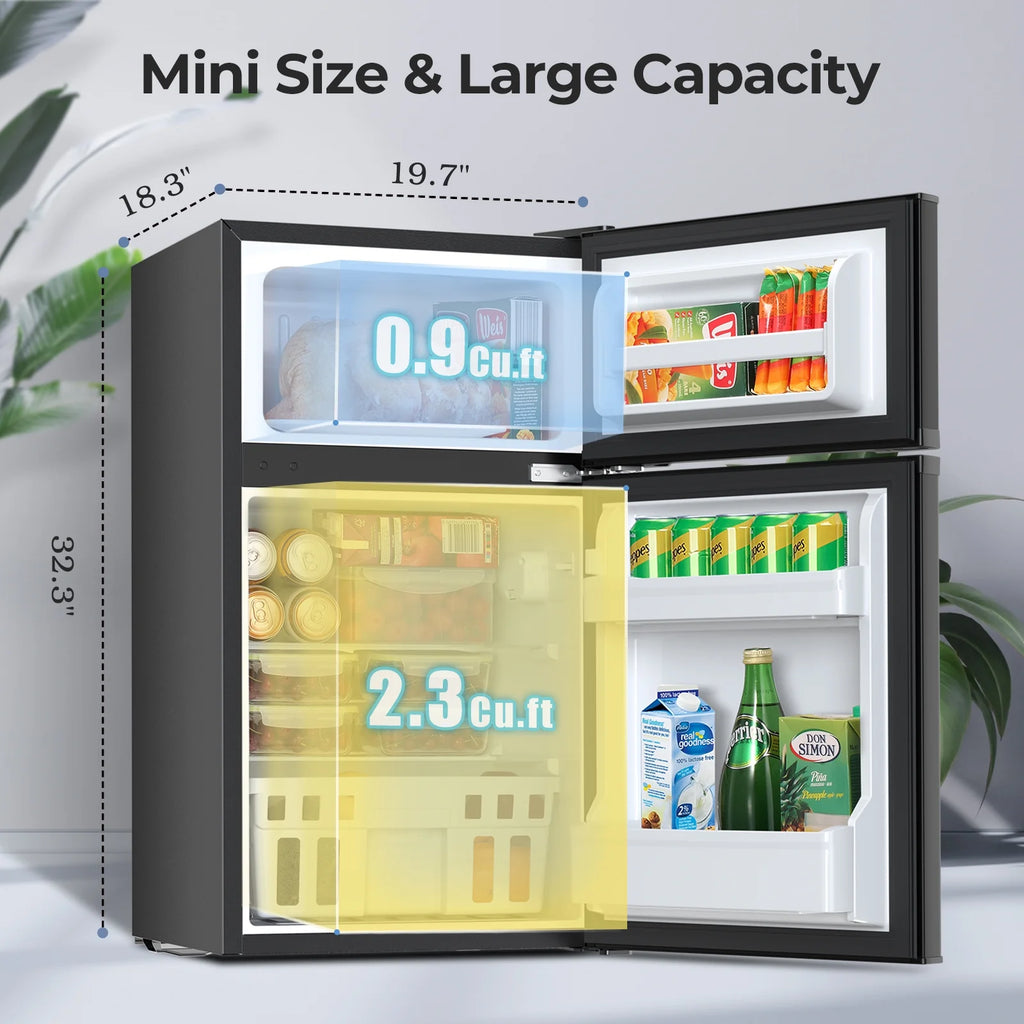 WAA 3.1 Cu.Ft Mini Fridge with Freezer,2 Door Compact Refrigerator,Mini Fridge with Adjustable Removable Glass Shelves for Bedroom,Office,Dorm or Apartment,Black