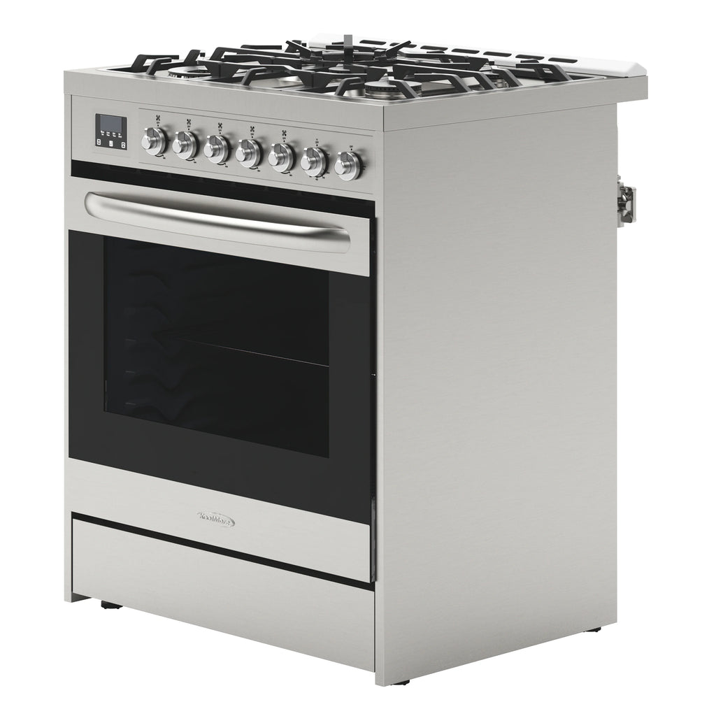 30�� Inch Professional Gas Range Stove with 5 Burner Cooktop, Rapid Convection Oven, and Digital Timer with Heavy-Duty Cast Iron Grates, Stainless-Steel Appliance, Silver