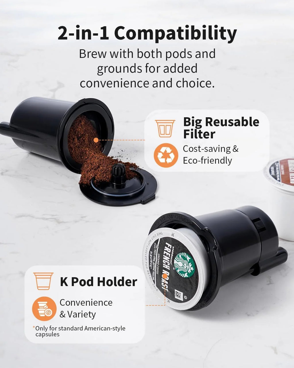 Hot & Iced Coffee Maker, Single Serve Coffee Maker for K Cup and Grounds, 6-14 Oz Brew Sizes, 50 Oz Removable Water Tank, One Cup Coffee Machine