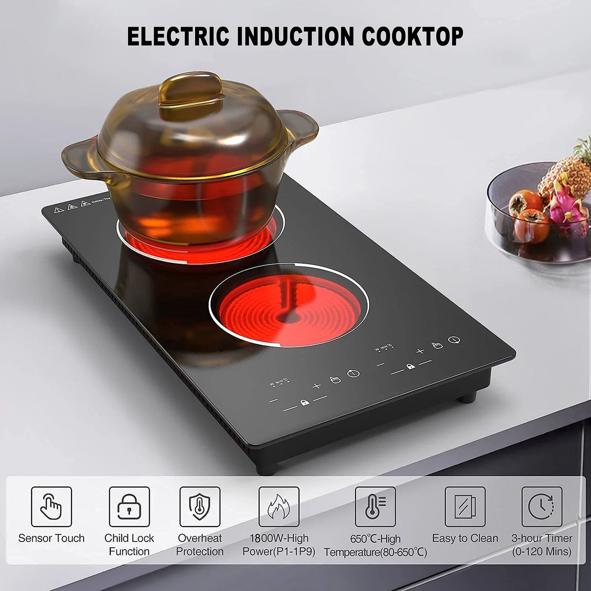 iMeshbean 12inch Electric Ceramic Cooktop 220V 3000W Electric Induction Cooktop 2 Burners Stove Top Built-In/Integrated Touch Control
