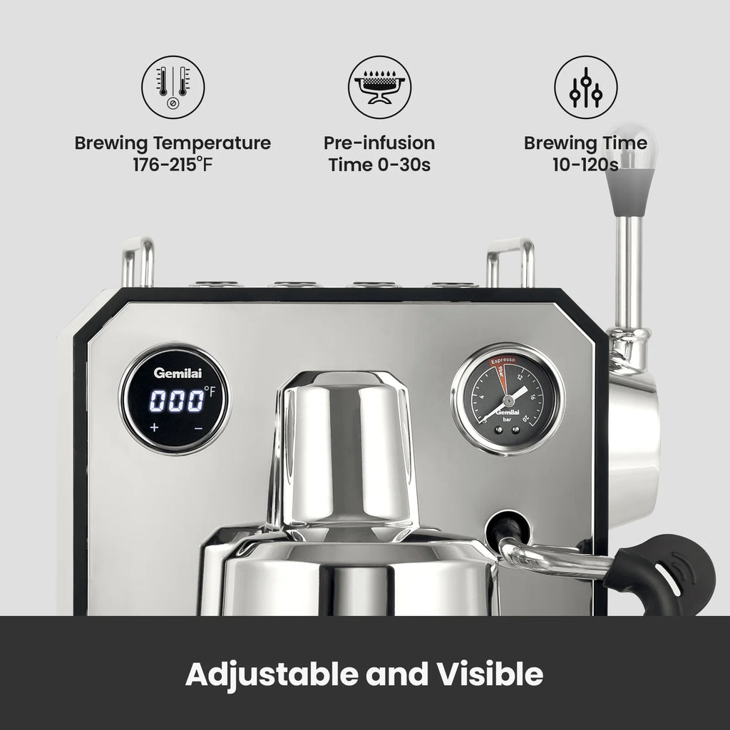 Gemilai G3006 Owl 15-Bar Semi-Auto Espresso Machine, Dual Display, Milk Frother, 57oz Tank, Stainless Steel Coffee Maker