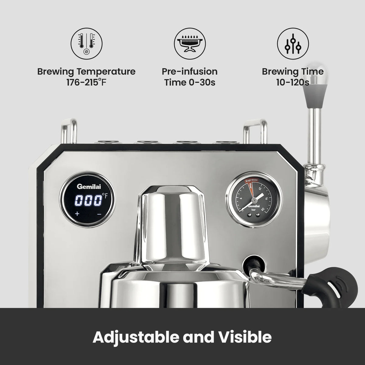 Gemilai G3006 Owl 15-Bar Semi-Auto Espresso Machine, Dual Display, Milk Frother, 57oz Tank, Stainless Steel Coffee Maker