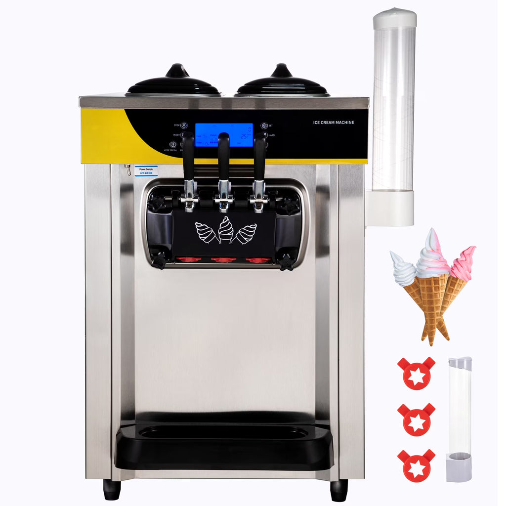 BENTISM Commercial Ice Cream Maker, 22-30L/H Yield, 2200W Countertop Soft Serve Machine w/ 2x6L Hopper 2L