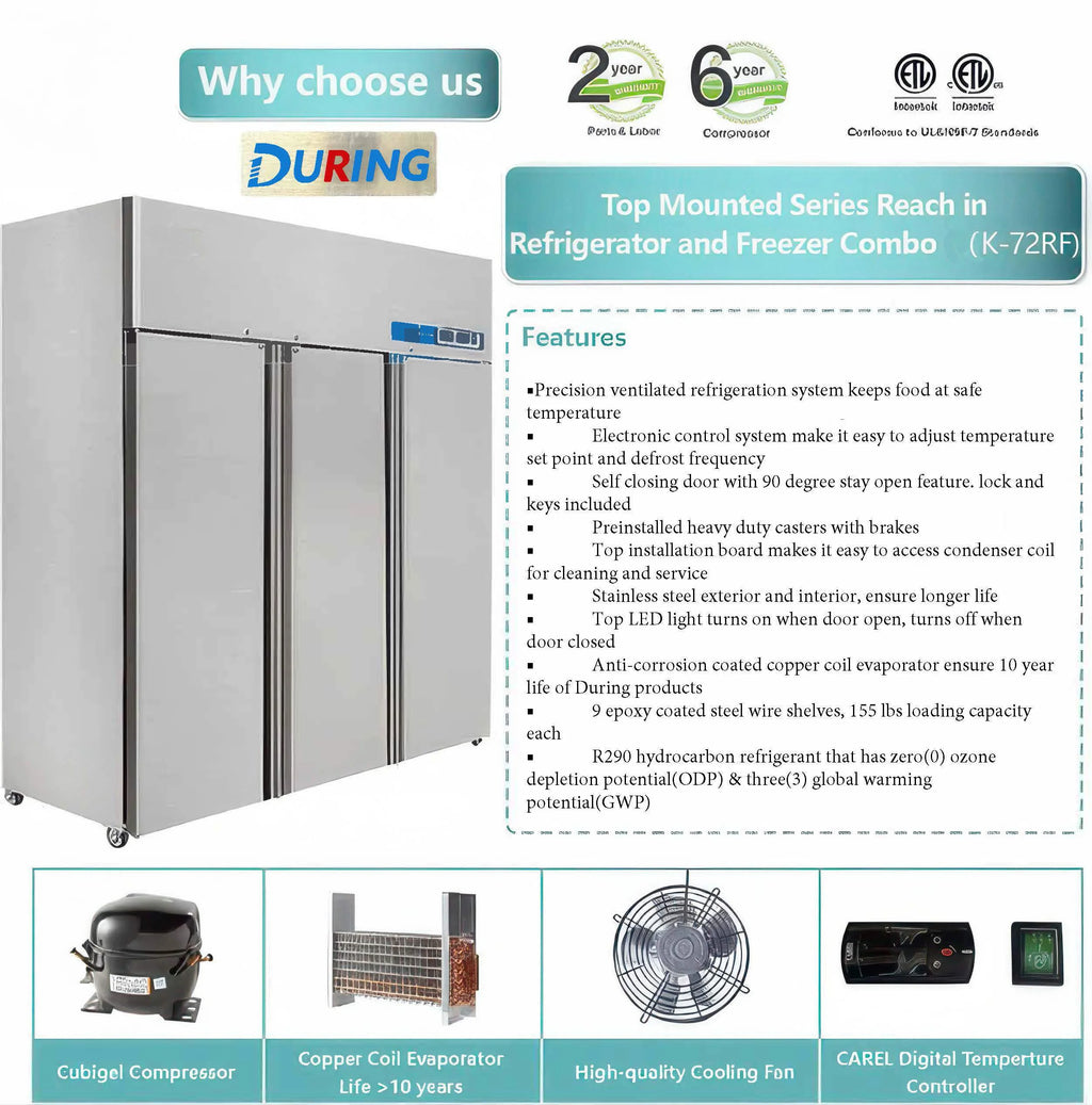 DURING 72" Commercial Refrigerator Freezer Combo, 3-Door Solid Door Reach-In, 54 Cu.ft Upright Fridge Freezer