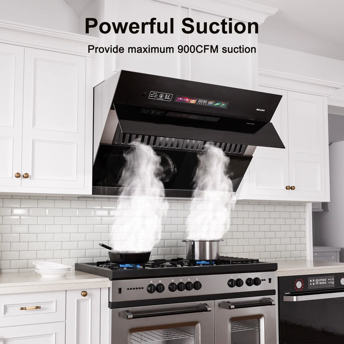 BRANO 30 inch Range Hood Stainless Steel Kitchen Hood, 900CFM, Voice/Gesture Sensing, Touch Control, Side-Draft Design