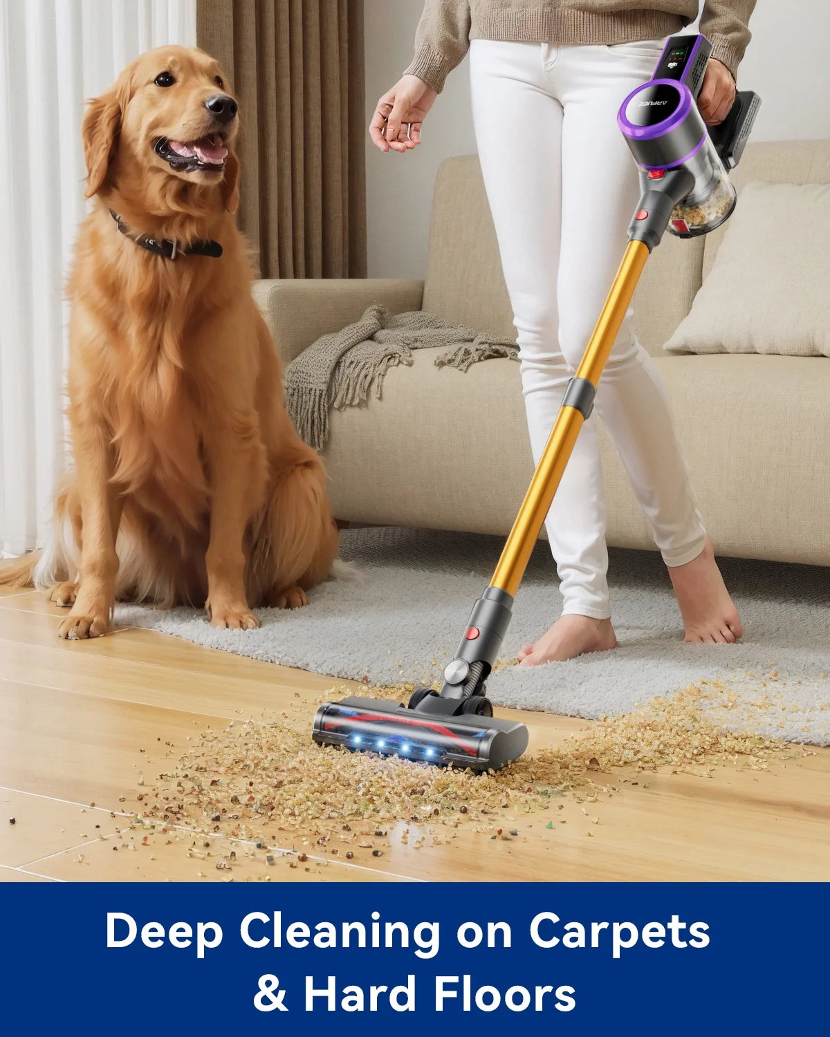 ARFUEE Cordless Vacuum Cleaner, 40KPa/55Mins Lightweight Stick Vacuum, LED Display/1.5L Cup for Pet Hair Carpet Hard Floor Home