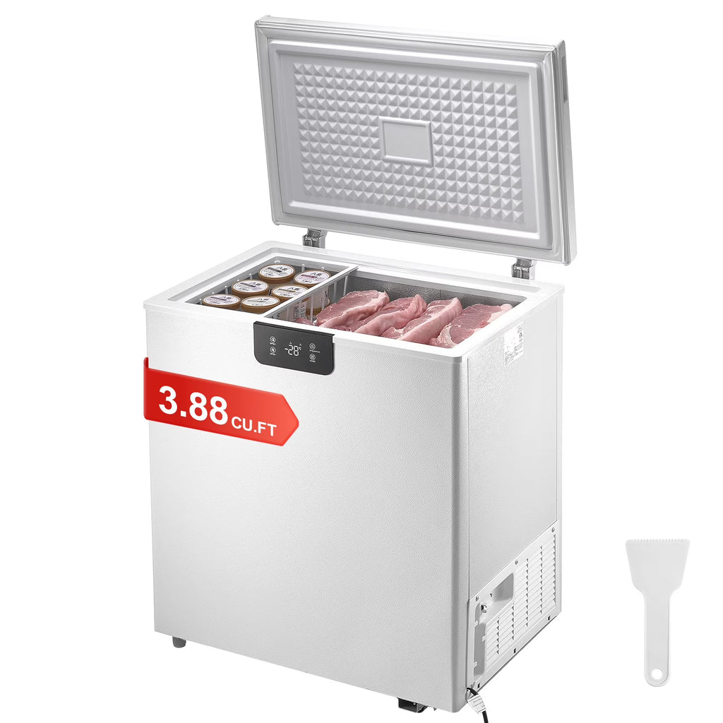 KFFKFF  3.88 Cu.ft / 110L Small Top-Open Chest Freezer with Adjustable  ?Temperature Control 2 Removable Storage Baskets, Freestanding