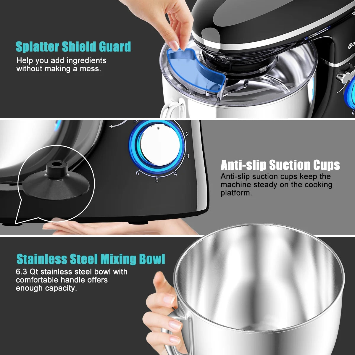 Costway 6.3 QT Tilt-Head Food Stand Mixer 6 Speed 660W wIth Dough Hook, Whisk & Beater Black