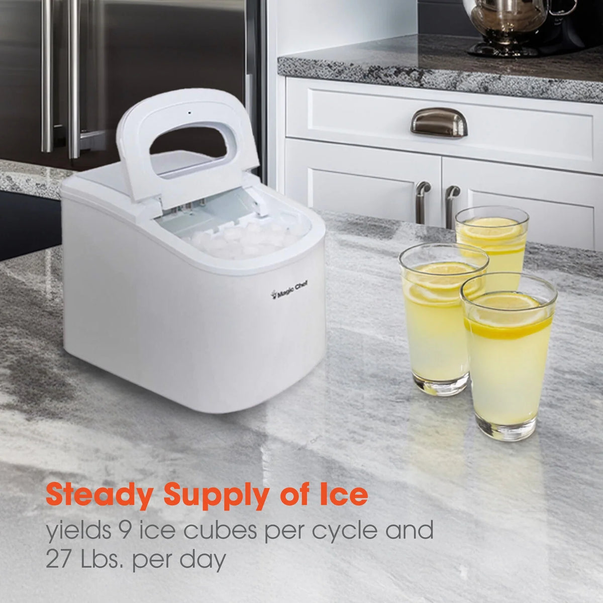 Magic Chef 27 lb. Capacity Portable Countertop Ice Maker, White and Makes Bullet Ice