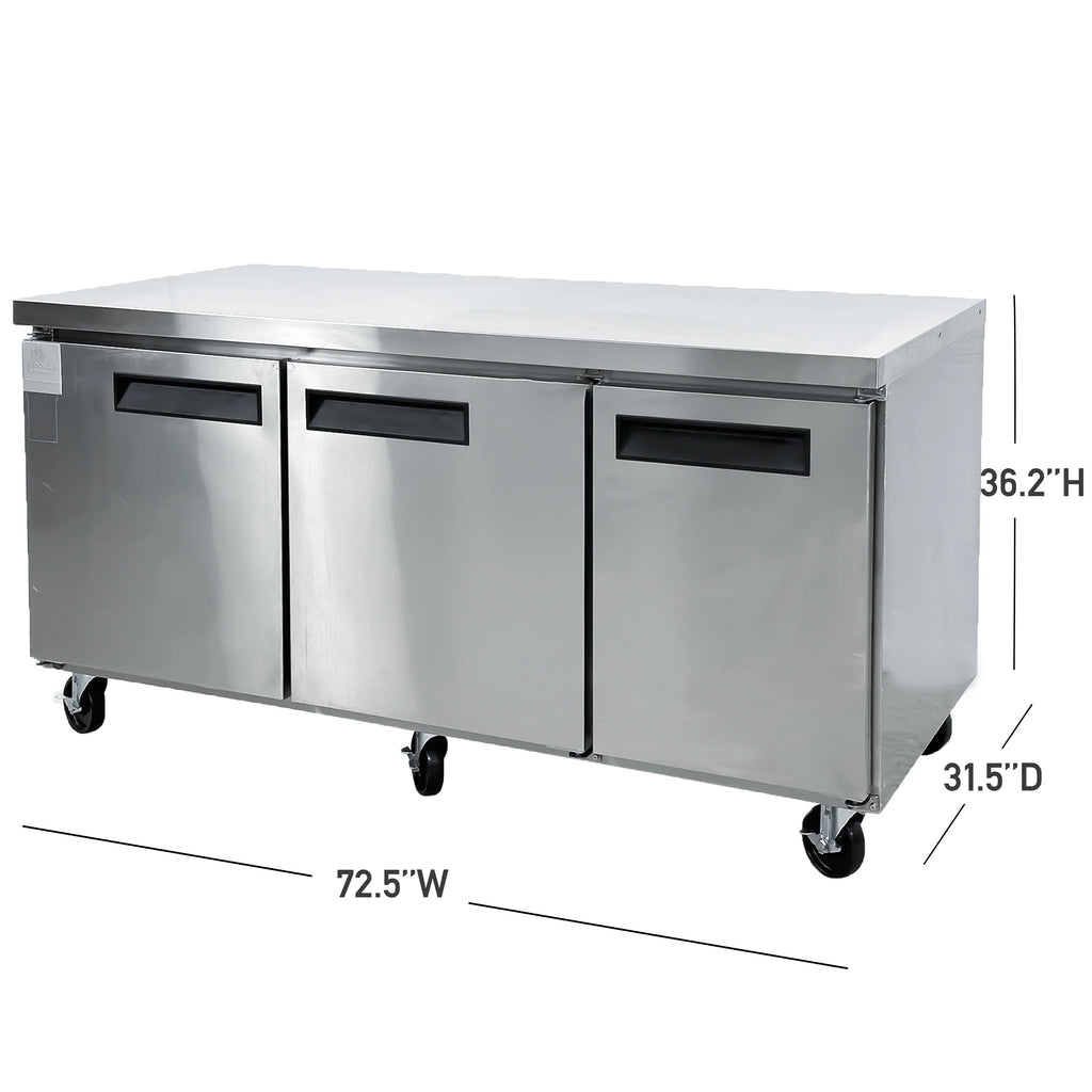 72 in. Commercial Undercounter Freezer 19 Cu.Ft. Stainless Steel Three-Door Commercial Freezer Heavy Duty